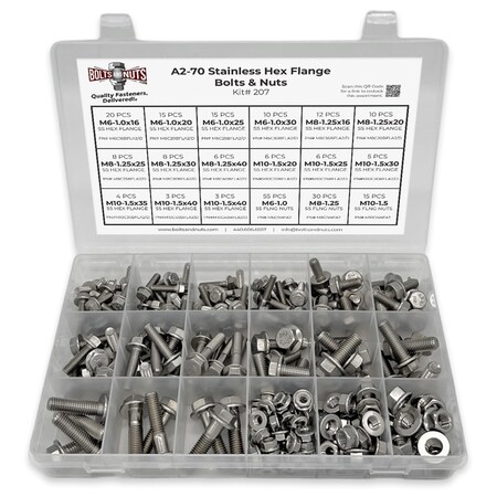 Boltsandnuts.Com Metric A2 Stainless Steel Hex Flange Bolts & Nuts Assortment - 232 PCS Assortment Kit #207